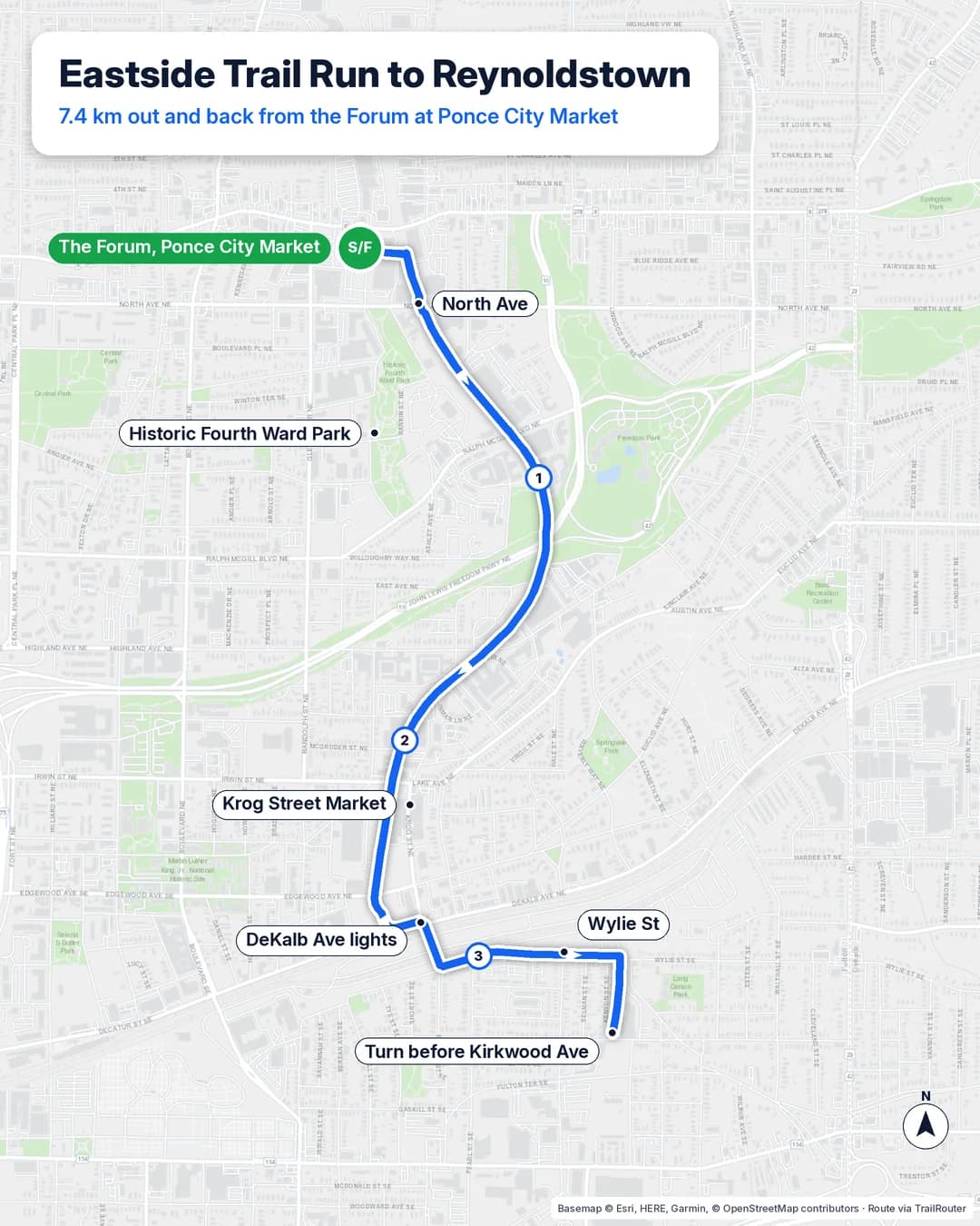 Route map of a 7.4 km out-and-back from Ponce City Market south on the Eastside Trail and Southeast Trail to Reynoldstown and back