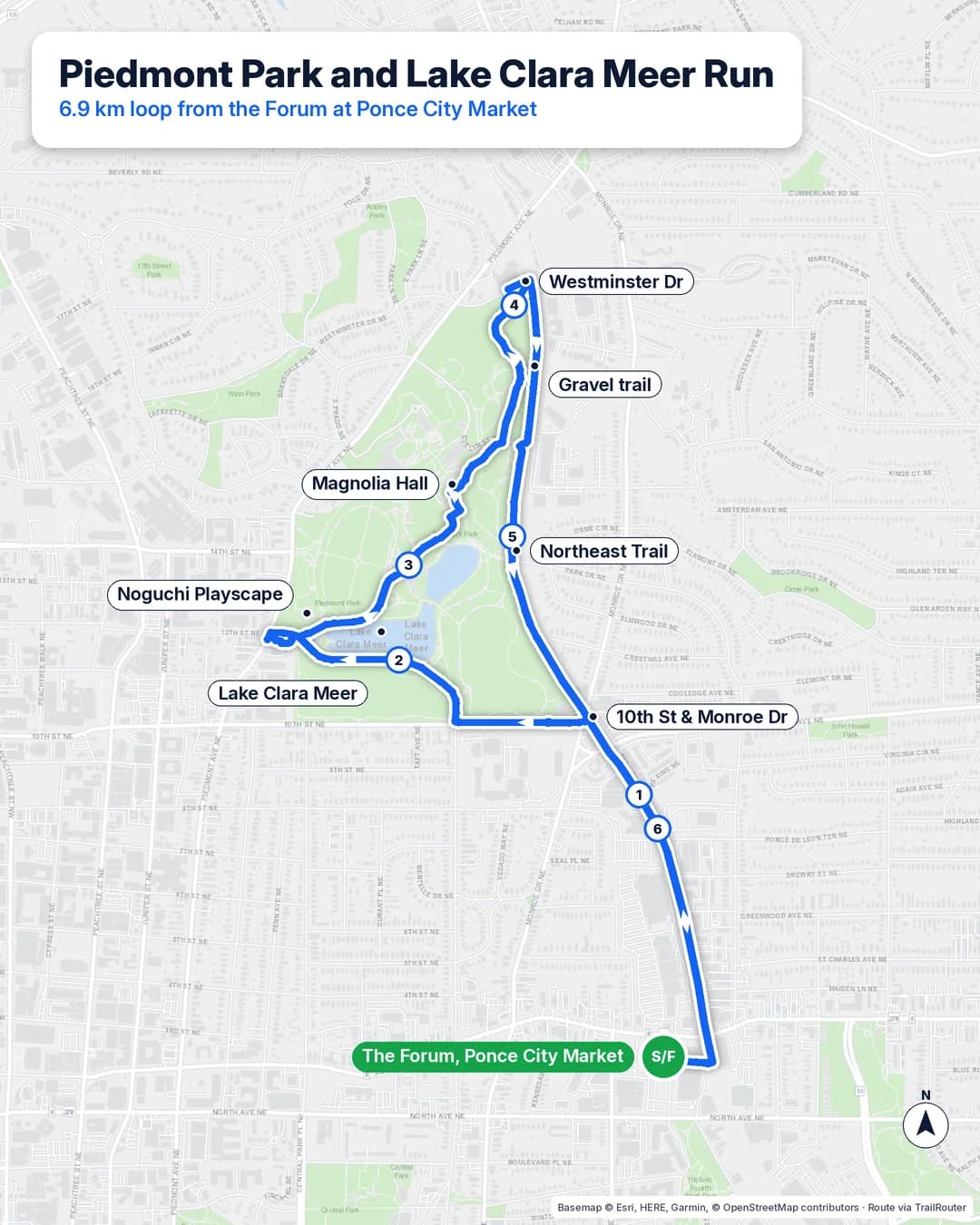 Map of a 6.9 km run from the Forum into Piedmont Park, along Lake Clara Meer and home via the BeltLine Northeast Trail