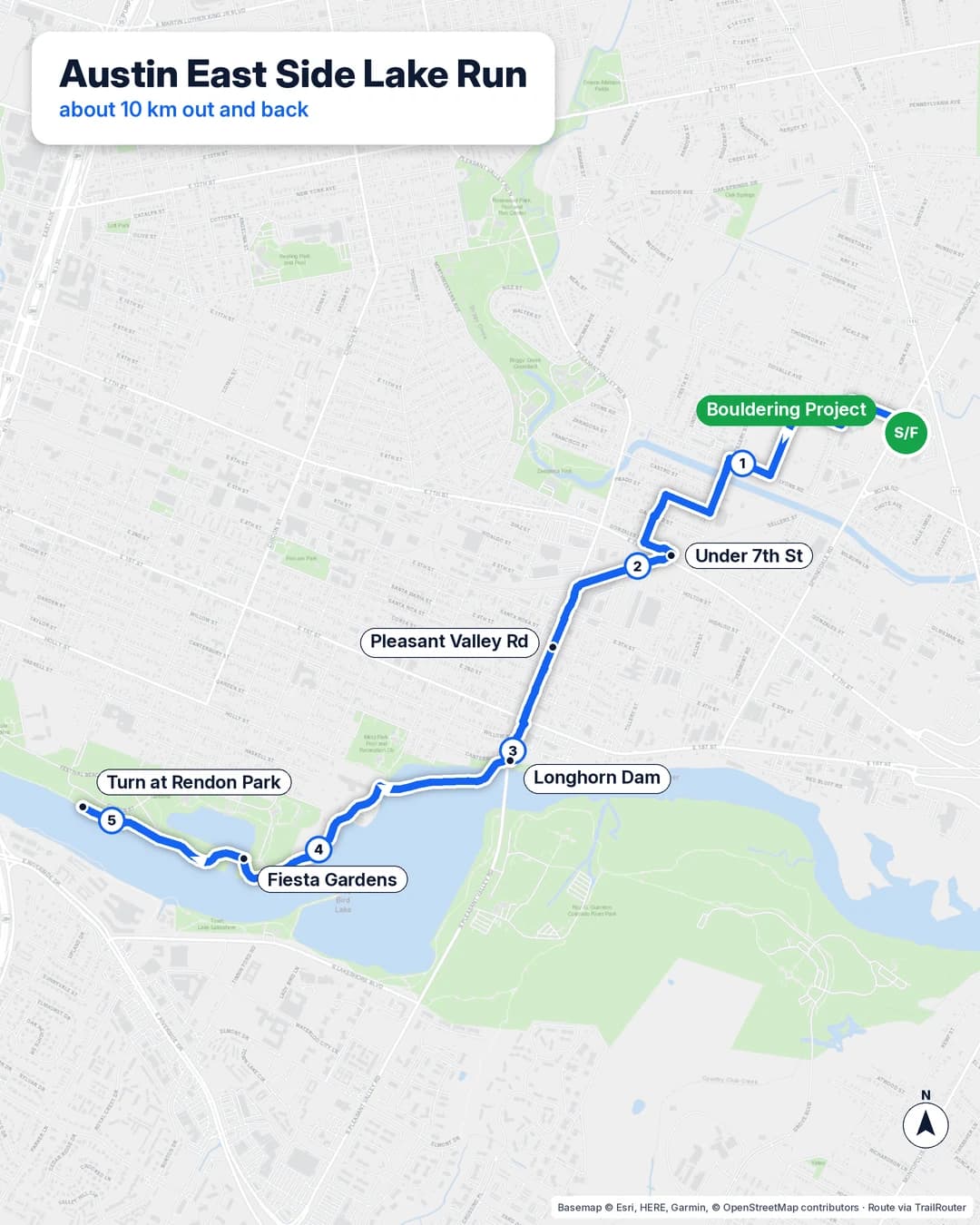 Route map of an out and back of about 10 km from Austin Bouldering Project through Govalle and down Pleasant Valley Road to Lady Bird Lake, then west to Edward Rendon Sr. Park