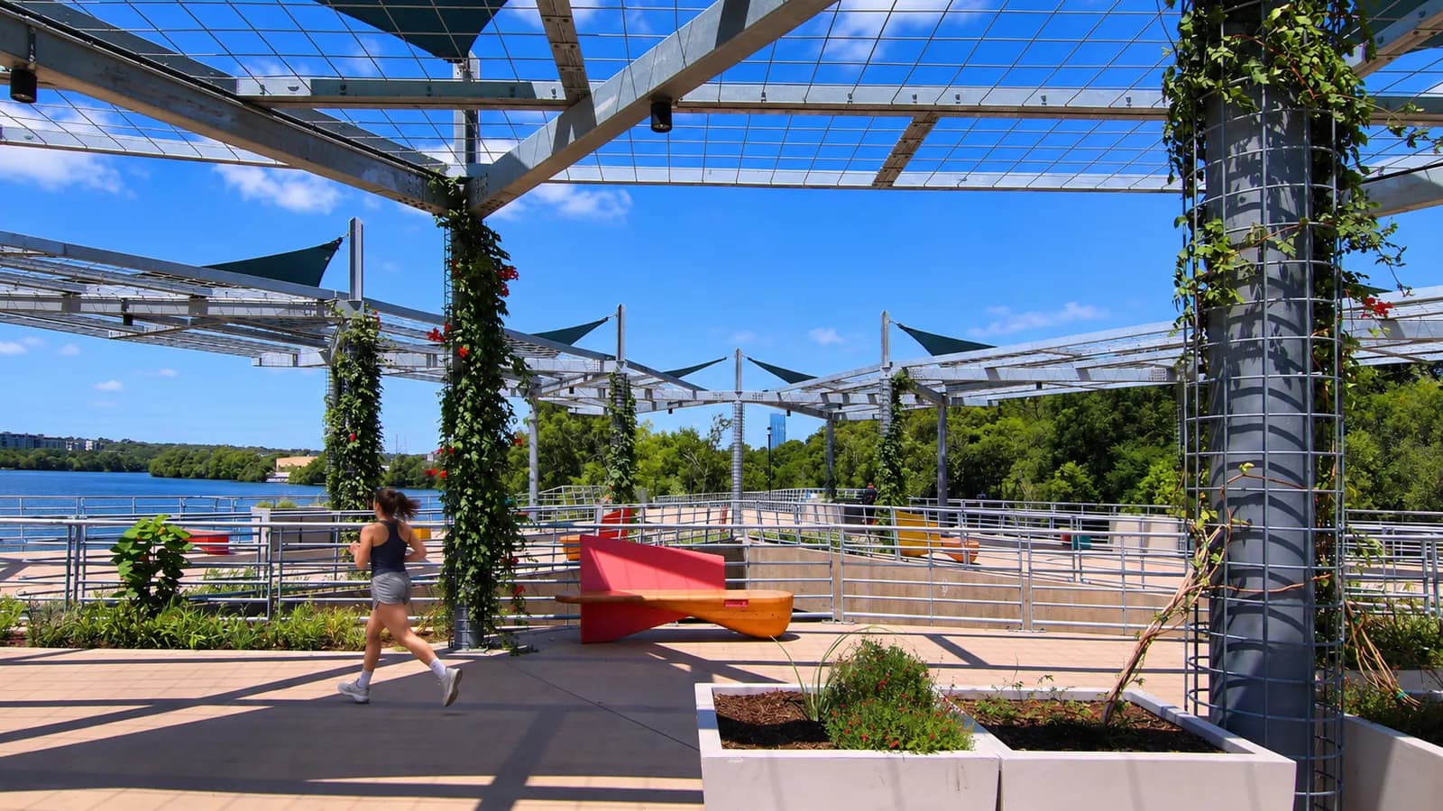 A runner passes under the shade canopy on the Wishbone Bridge overlook, with vine-wrapped columns, red benches and Lady Bird Lake behind