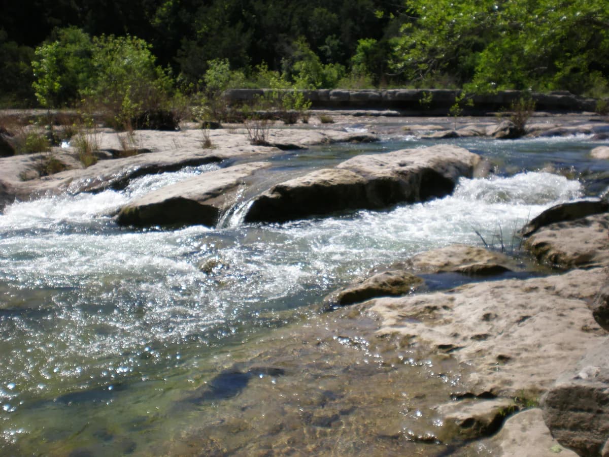 Clear water rushing over flat limestone ledges and boulders in a creek, with green trees along the far bank