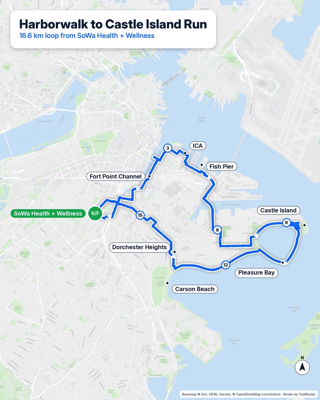 Route map of a 16.6 km loop from SoWa Health and Wellness along the Seaport Harborwalk to Castle Island and Pleasure Bay, returning past Carson Beach and Dorchester Heights