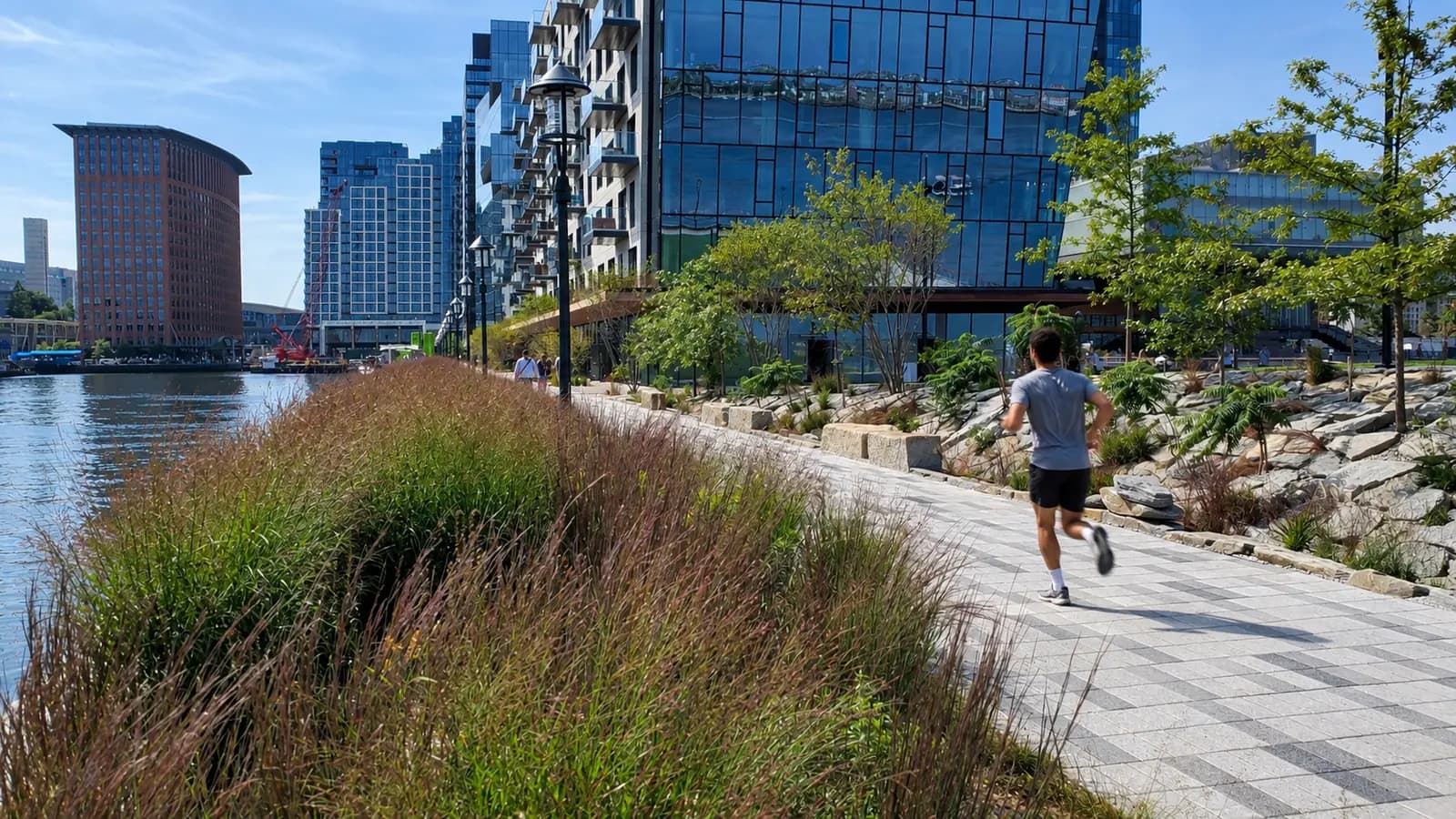 Man in a grey tee running the Seaport Harborwalk past tall grasses and glass towers beside the harbor