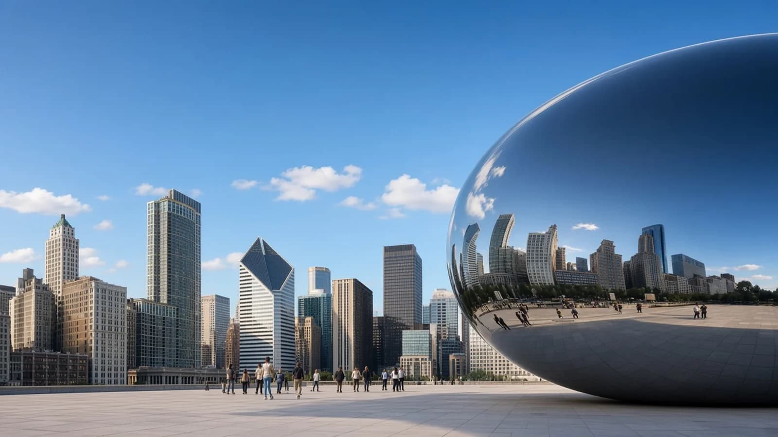 Cloud Gate sculpture in Millennium Park reflecting the Chicago skyline