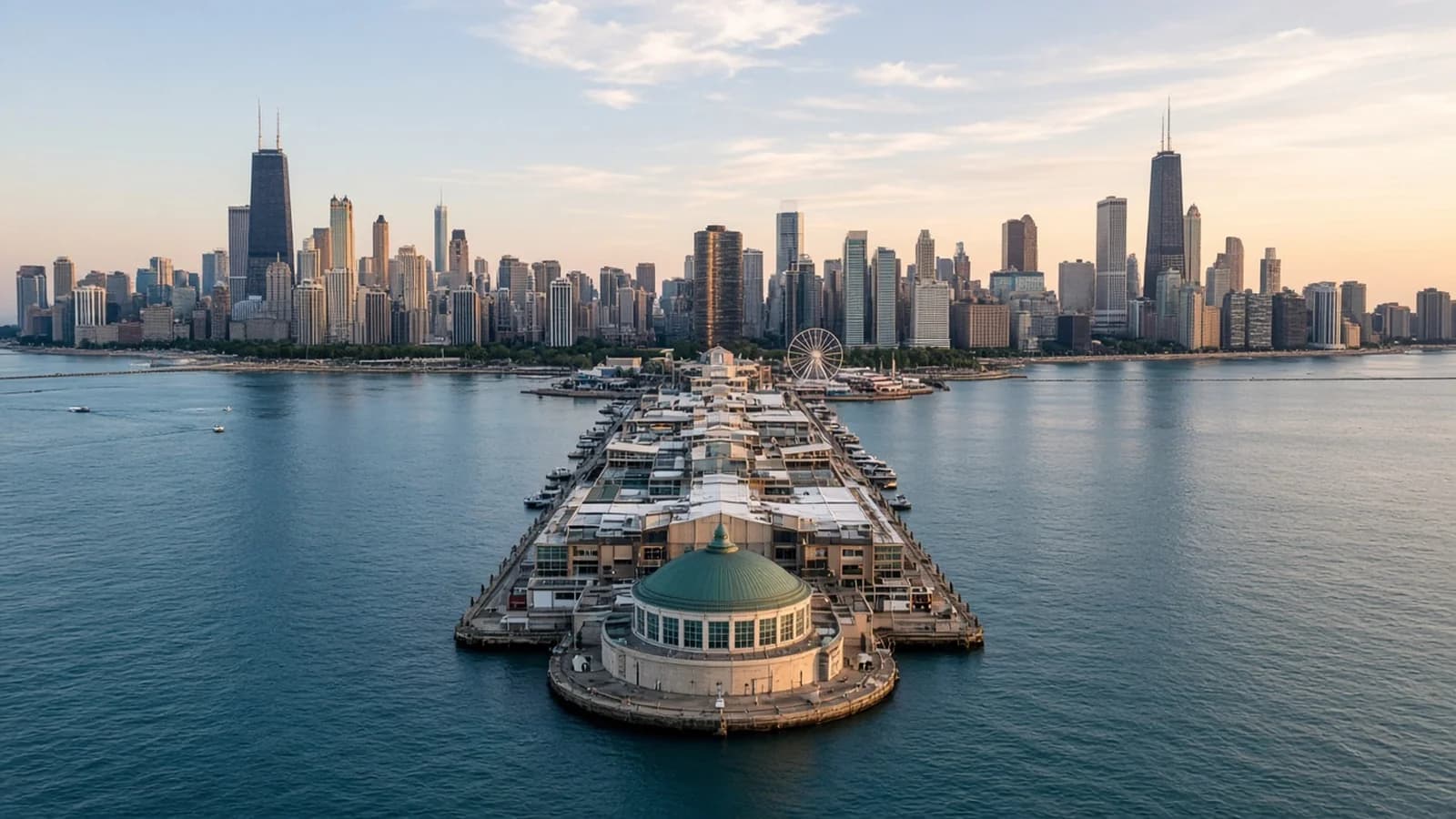 Aerial view of Navy Pier stretching toward the Chicago skyline at sunset