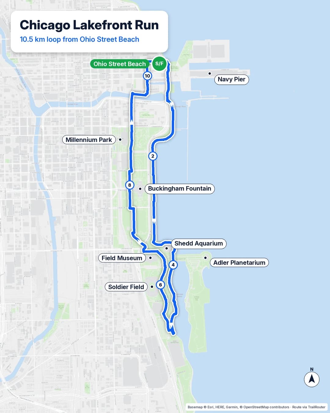 Map of a 10.5 km Chicago Lakefront Trail running loop from Ohio Street Beach past Buckingham Fountain, the Shedd Aquarium and Soldier Field.