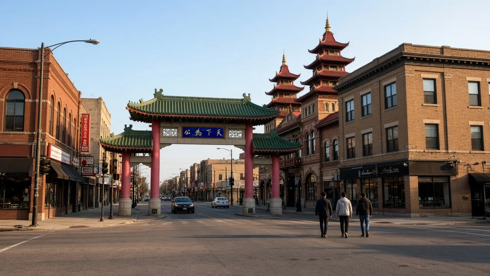 Chinatown Gate on Wentworth Avenue with green tile roof, red pillars and pagoda towers, sunny afternoon