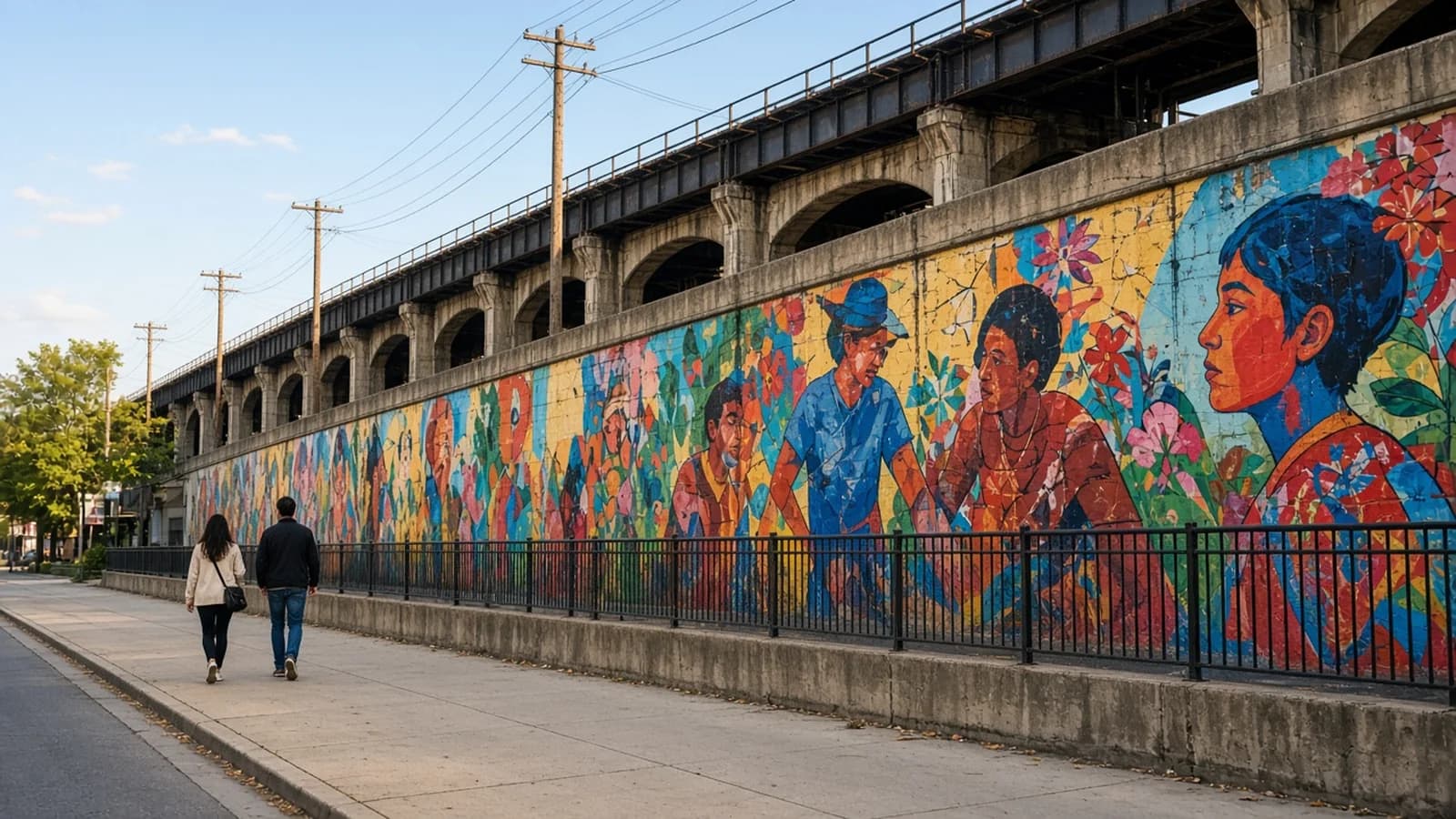 Colorful mural along a Pilsen railway embankment with people walking on the sidewalk