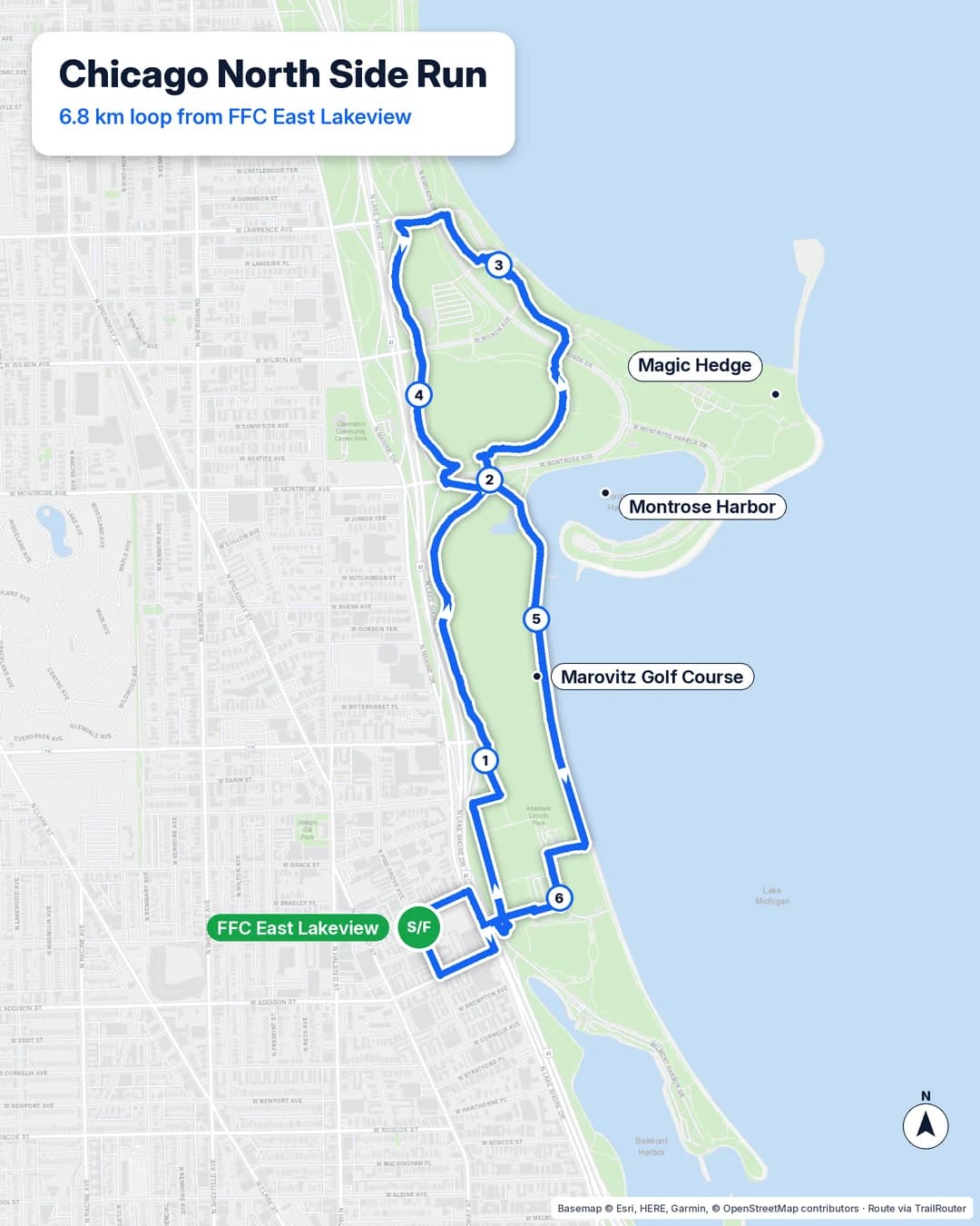 Map of a 6.8 km North Side running loop from FFC East Lakeview past Marovitz Golf Course and Montrose Harbor, with the Magic Hedge as an optional detour.