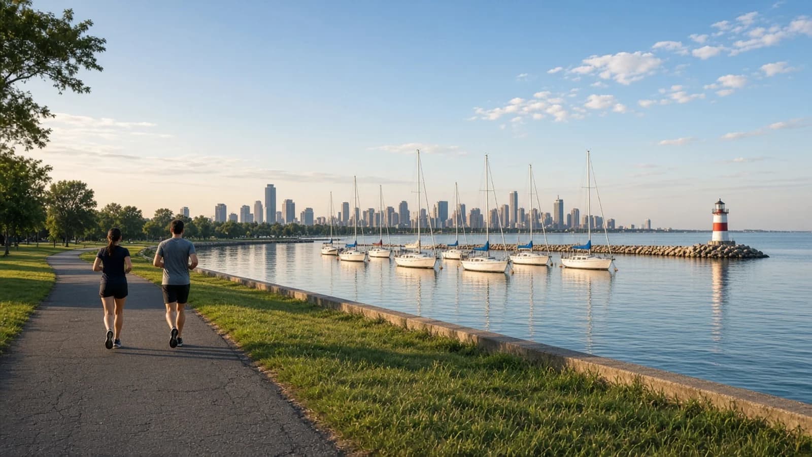 Two runners on a lakeside path at Montrose Harbor with sailboats, the harbor lighthouse and the distant Chicago skyline