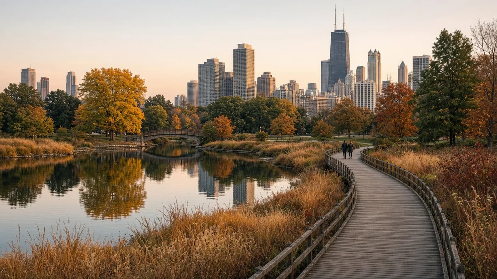 Lincoln Park boardwalk beside a pond in autumn with the Chicago skyline and Hancock Center behind