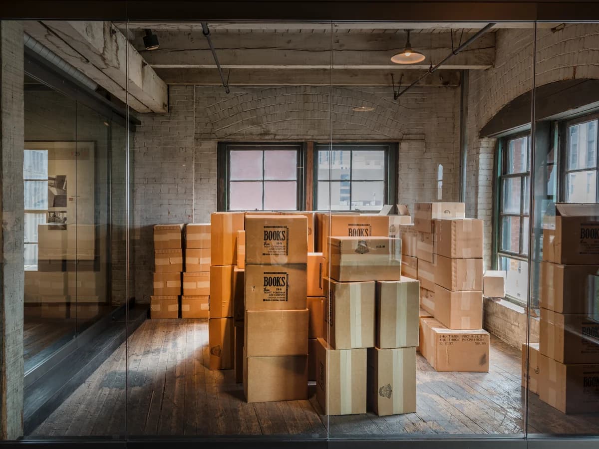 Behind a glass wall, stacked cardboard boxes stamped BOOKS fill the brick-walled sixth-floor corner of the old book depository by its tall windows