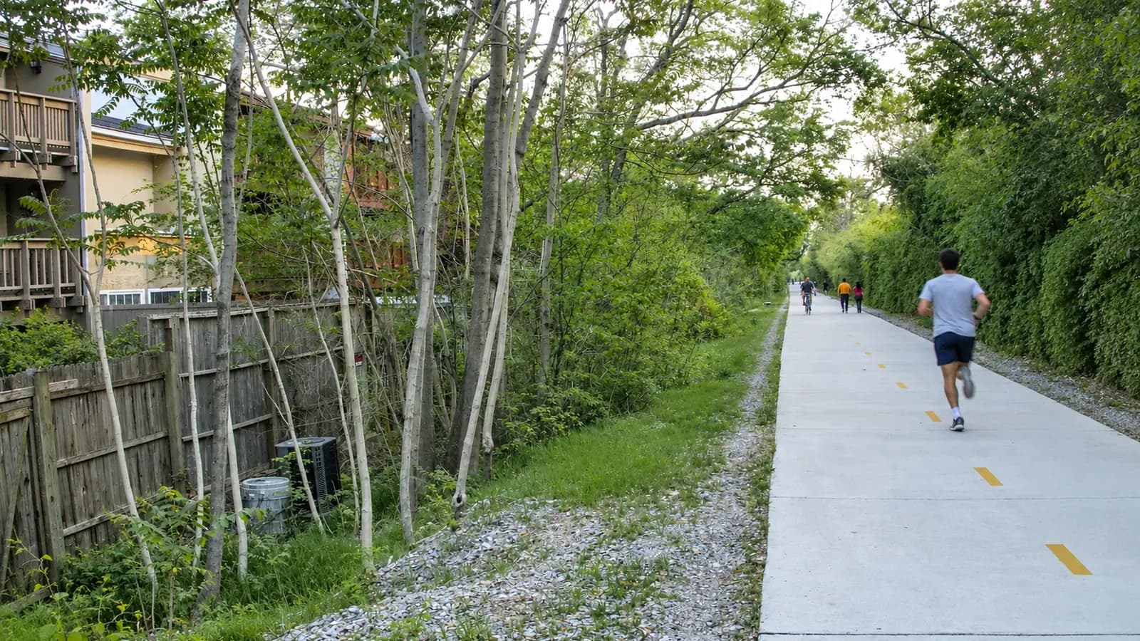 A runner on a wide paved trail shaded by tall trees, with a softer track alongside and apartment towers glimpsed through the branches