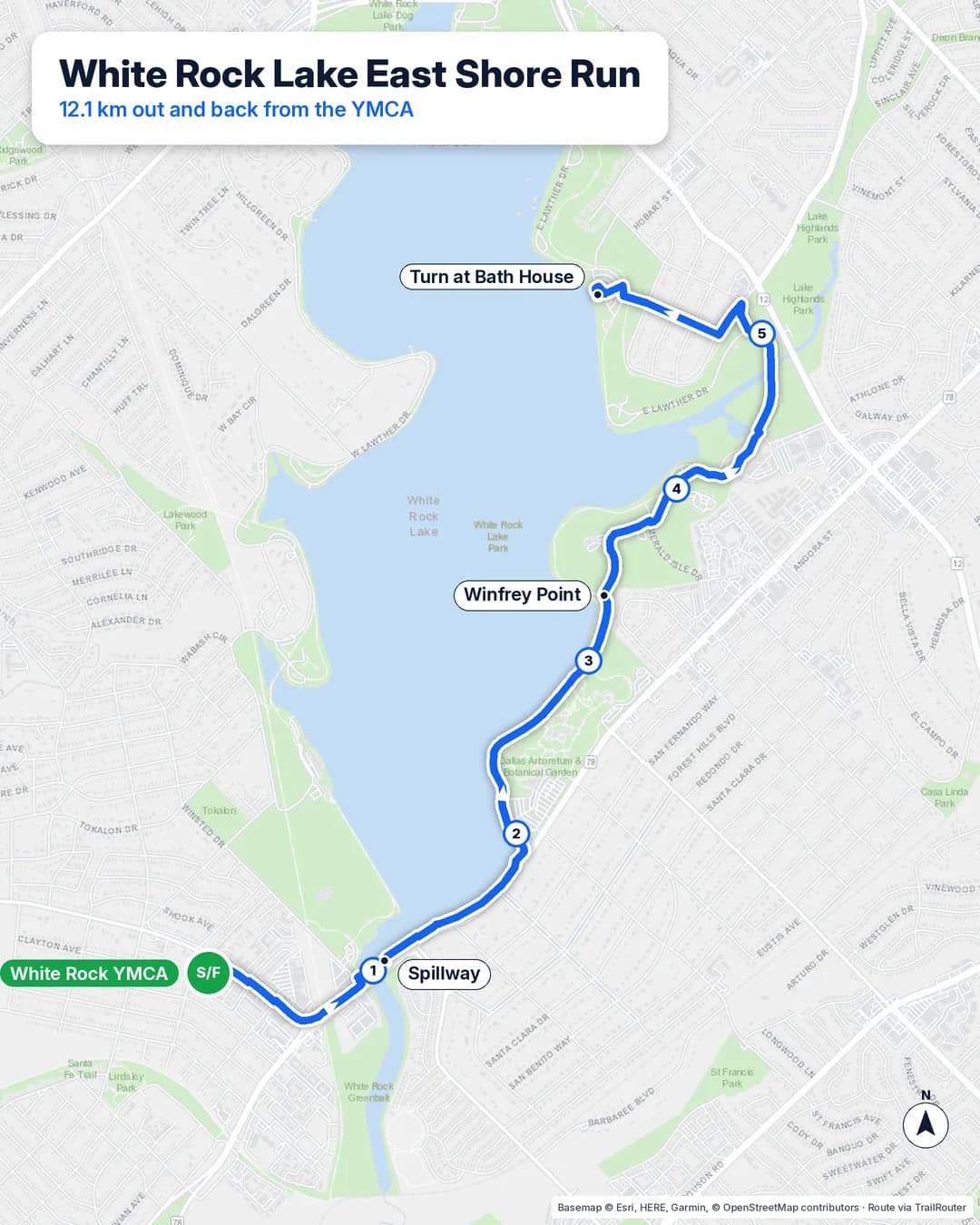 Route map of a 12.1 km out and back from the White Rock YMCA past the spillway and Winfrey Point to the Bath House on the east shore of White Rock Lake