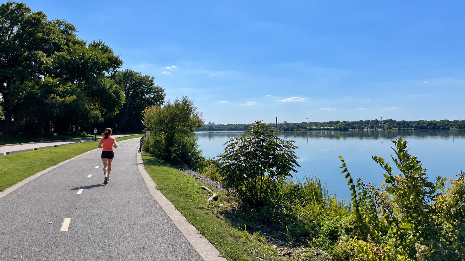 A lakeside trail along calm water with grass and trees, a runner in the distance and the Dallas skyline small on the far horizon