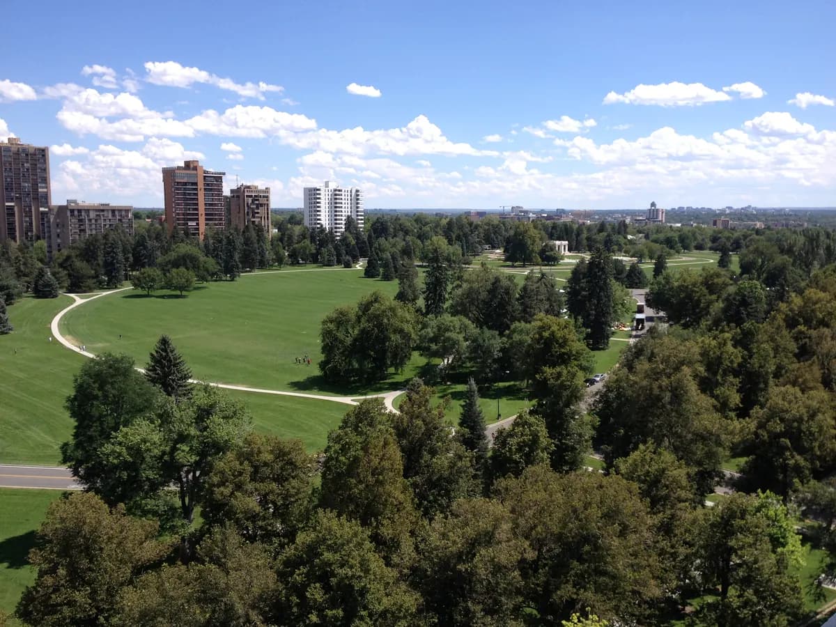 Looking down over Cheesman Park's sloping green lawns and curving paths, framed by dense trees, with apartment towers on the far edge