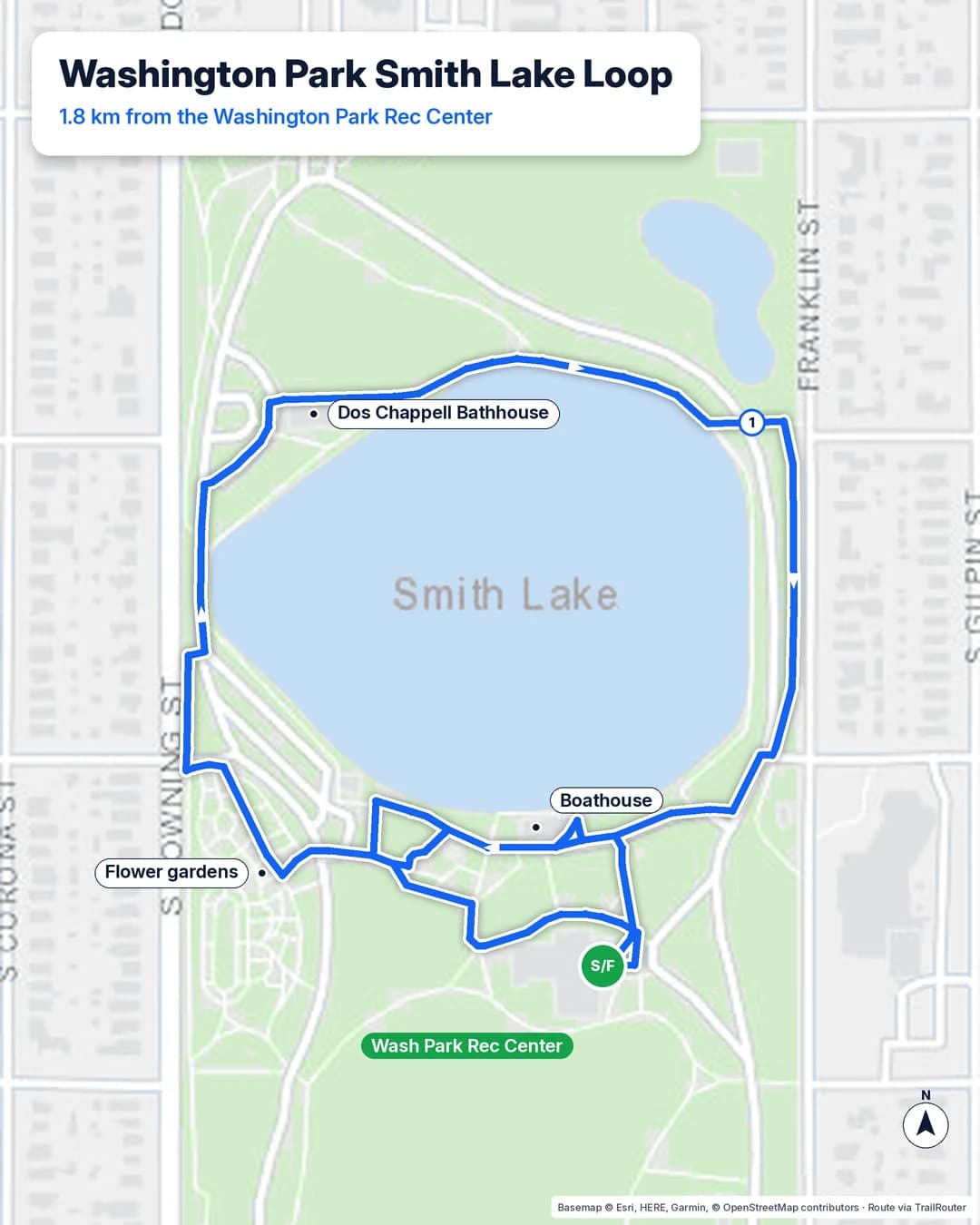 Route map of a 1.8 km loop from the Washington Park rec center through the flower gardens, around Smith Lake past the bathhouse and boathouse, and back to the start