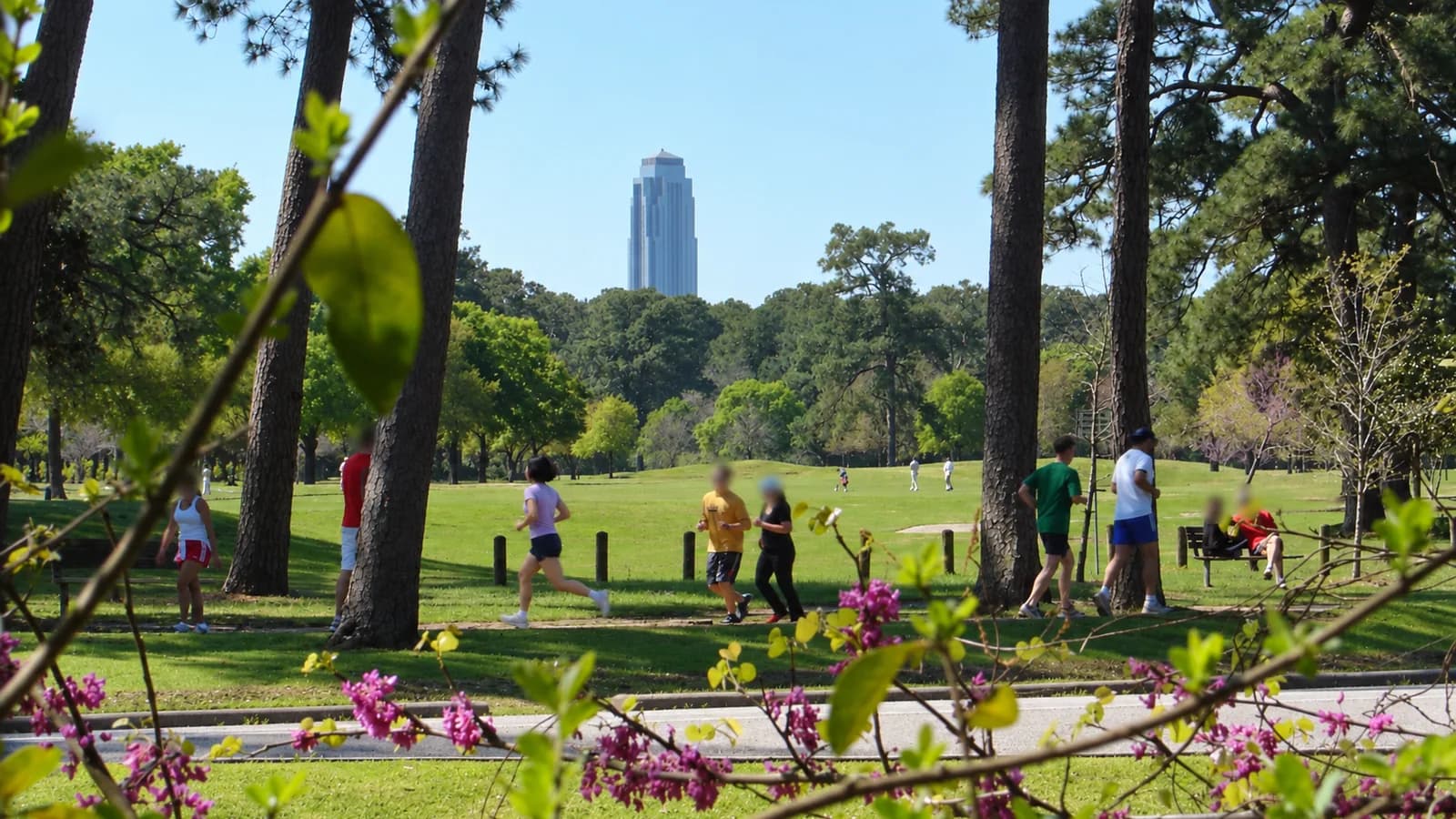 Runners on the Lieberman Trail through tall pines and a green lawn in Memorial Park, with Williams Tower rising behind and pink redbud blossoms in front