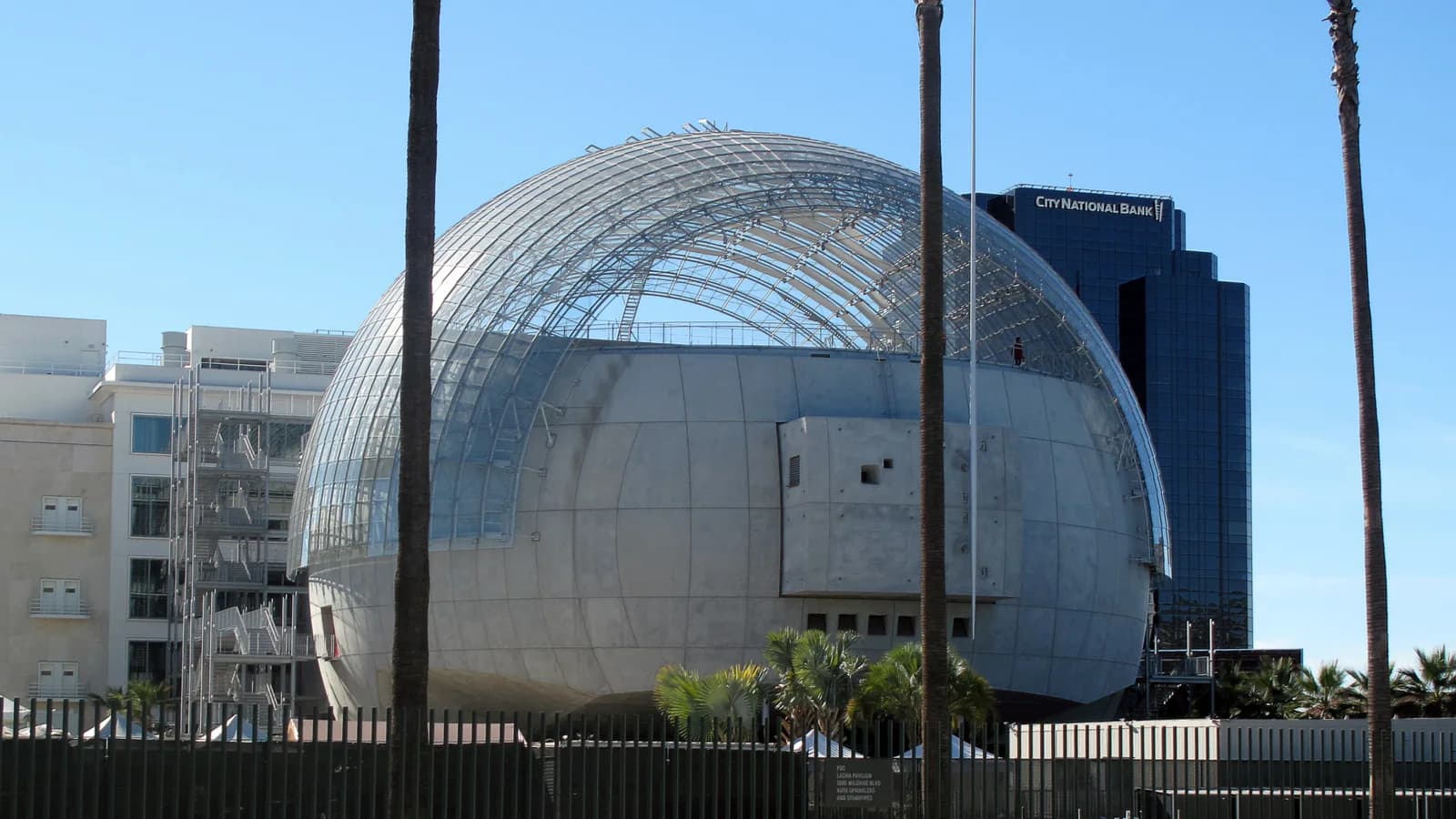 The huge round concrete and glass-domed Sphere of the Academy Museum behind a fence and tall palm trunks, with a dark office tower beside it under a clear blue sky