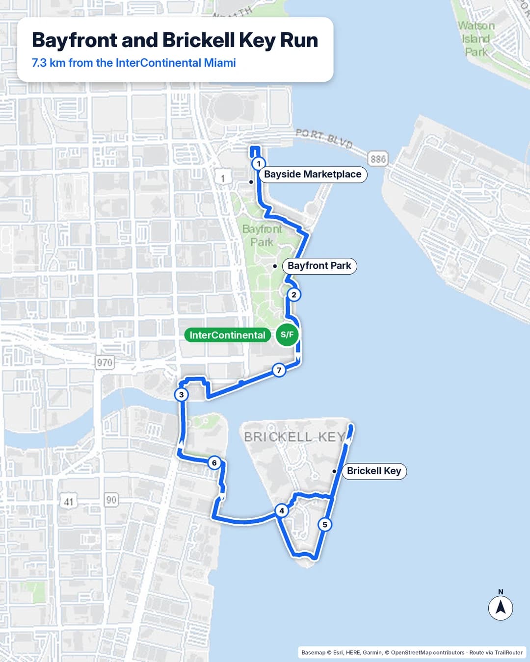 Route map of a 7.3 km loop from the InterContinental Miami through Bayfront Park, along the Miami Riverwalk and around the south end of Brickell Key