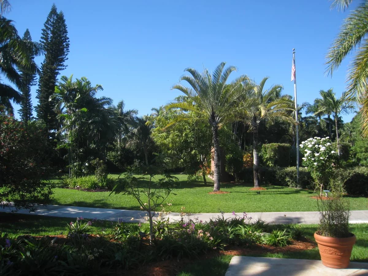 A green lawn ringed by palms and tropical plantings, with a potted plant, a paved path and a flagpole under a deep blue sky