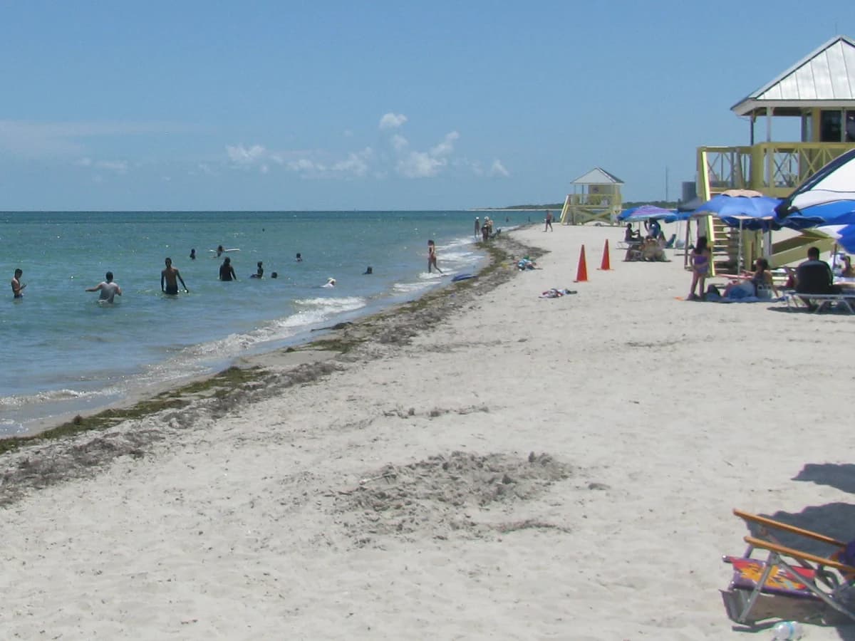 A wide white sand beach along calm blue green water, with swimmers in the shallows, two lifeguard towers, umbrellas and beachgoers along the shore