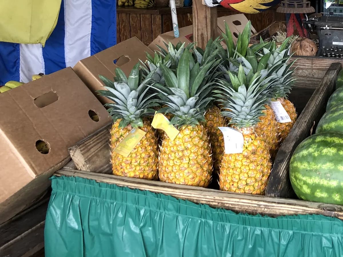 Pineapples with paper price tags and whole watermelons piled in wooden crates on a green skirted counter at an open air fruit stand, with flags hanging at the left