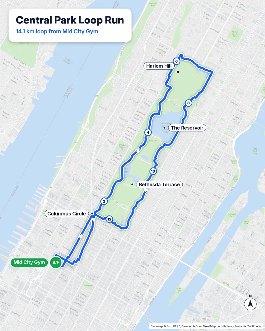 Route map of the 14.4 km Central Park loop from Mid City Gym, up West Drive and down East Drive