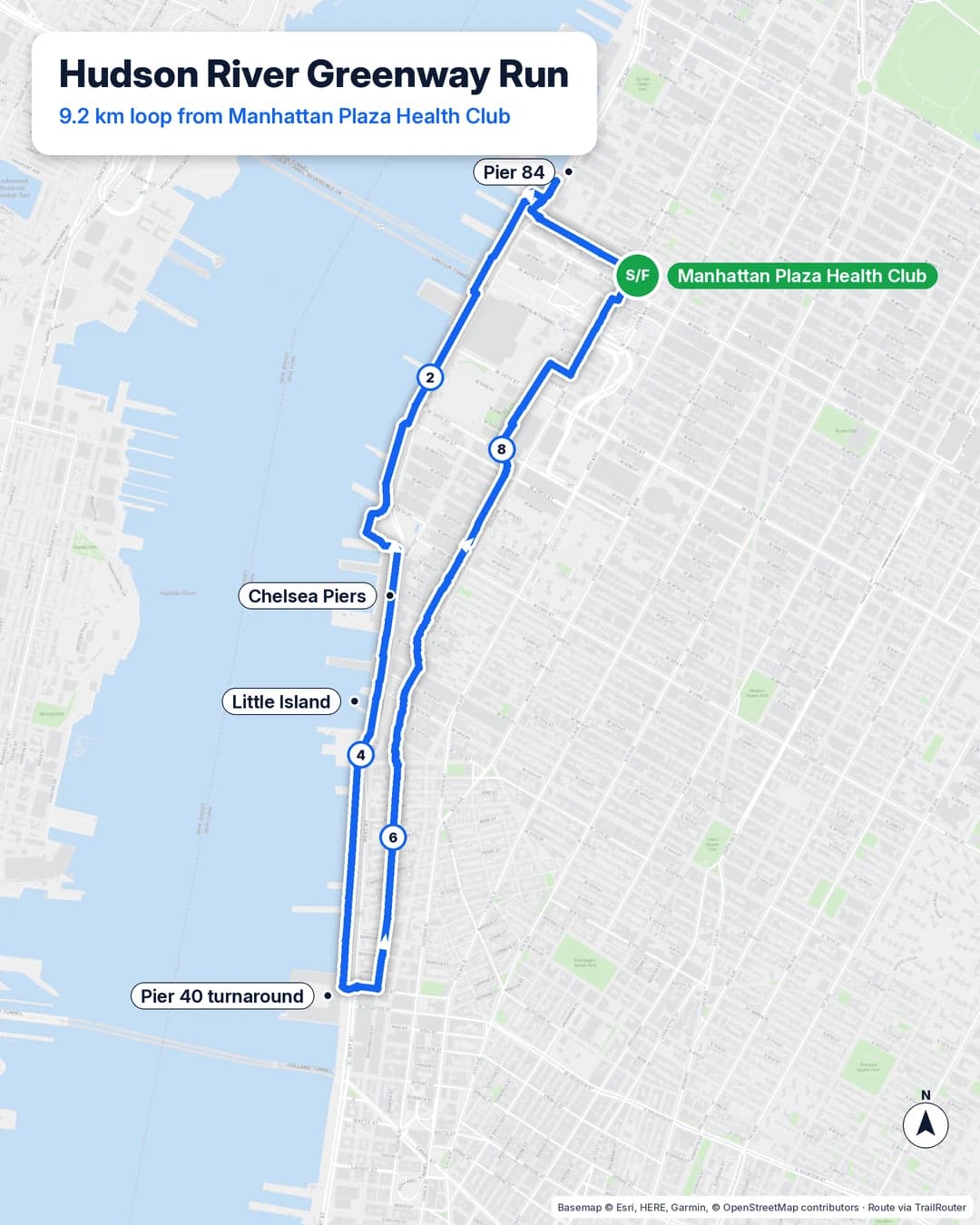 Map of the 9.2 km Hudson River Greenway run loop from Manhattan Plaza Health Club south to Pier 40 and back