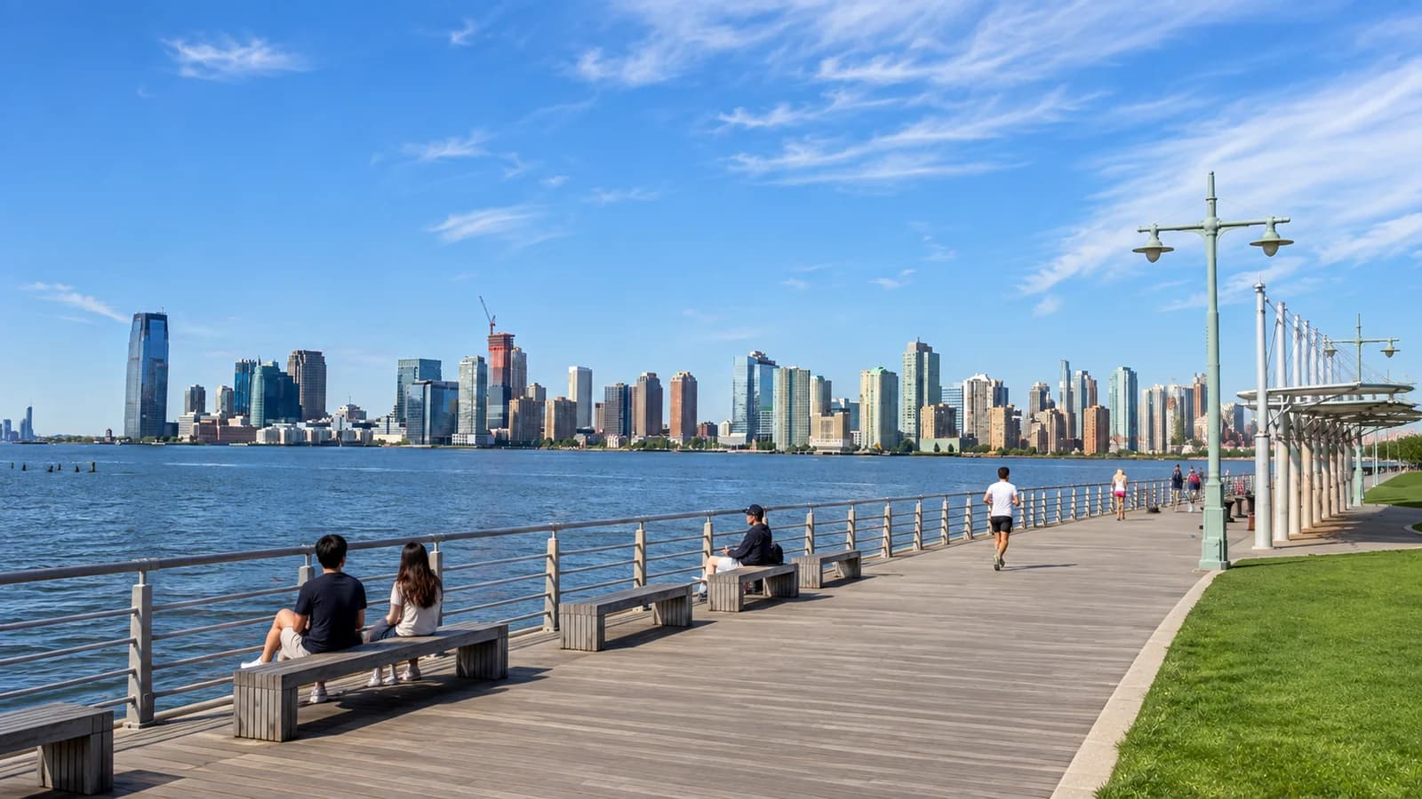 Runner on the Hudson River Park boardwalk in Manhattan, with the Jersey City skyline across the river