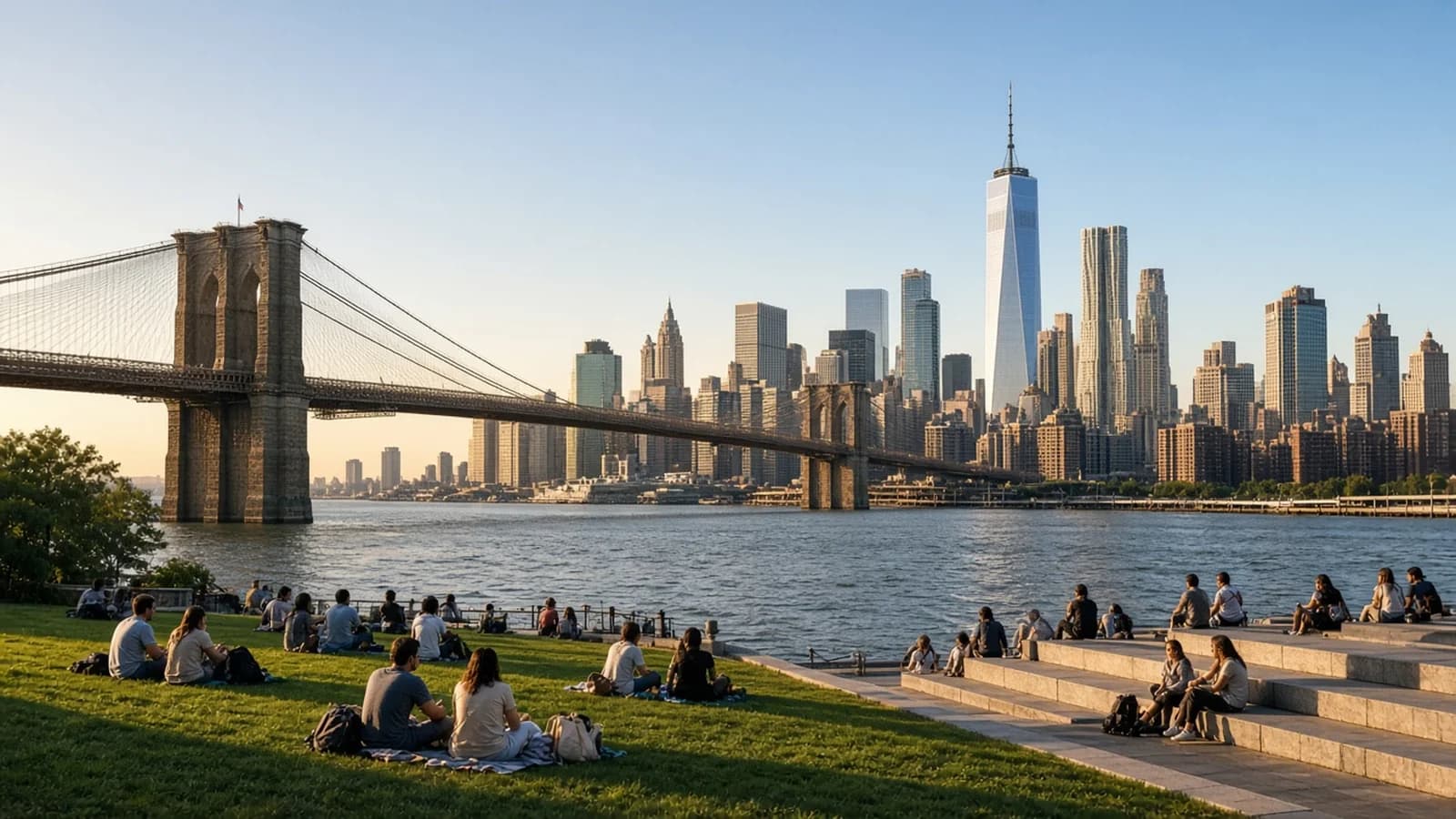 People on the lawn at Brooklyn Bridge Park with the Brooklyn Bridge and Lower Manhattan skyline