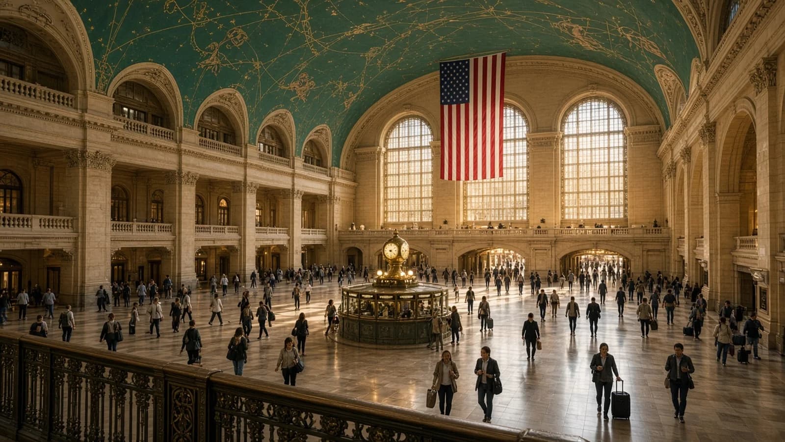 Main concourse of Grand Central Terminal with its arched windows and information booth clock
