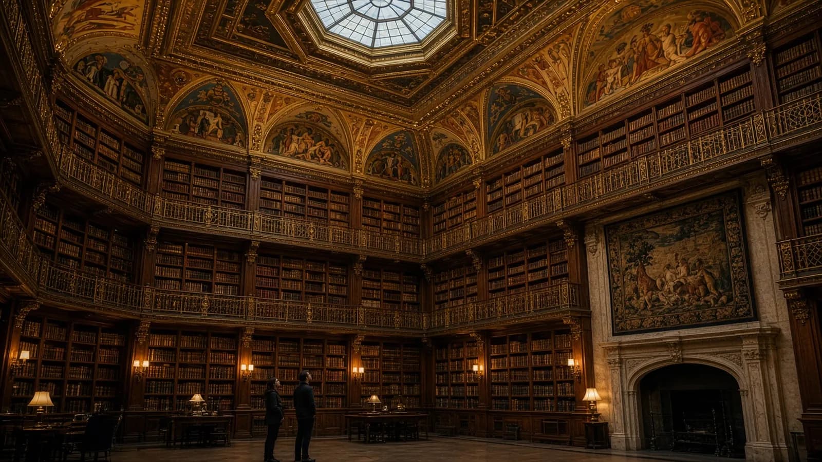 Three tiers of carved wood bookcases and painted ceiling in the Morgan Library's East Room