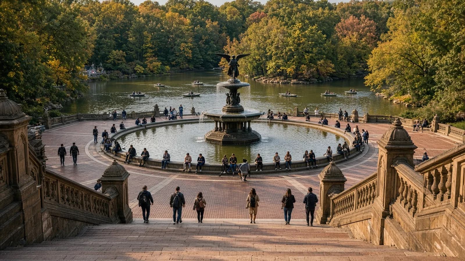 Bethesda Terrace and Fountain in Central Park seen from the grand staircase