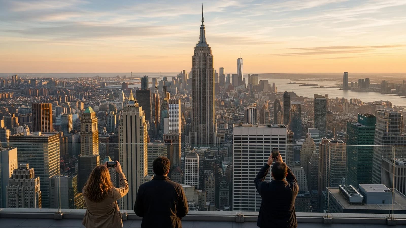 Visitors photographing the Empire State Building and Midtown skyline from Top of the Rock at golden hour