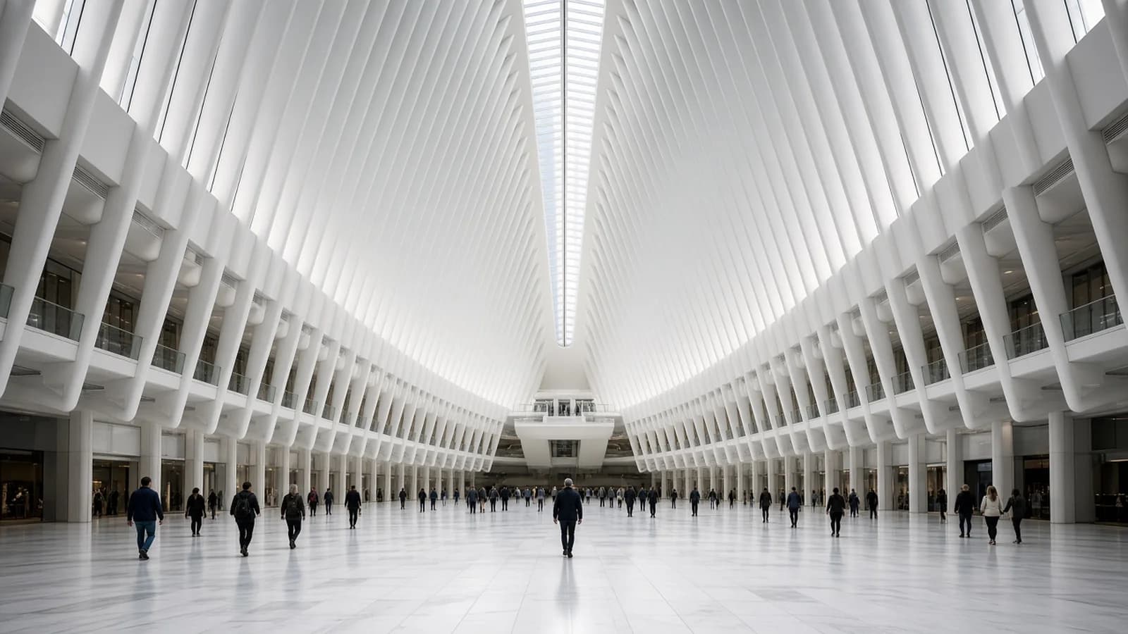 White steel ribs of the Oculus transit hall at the World Trade Center