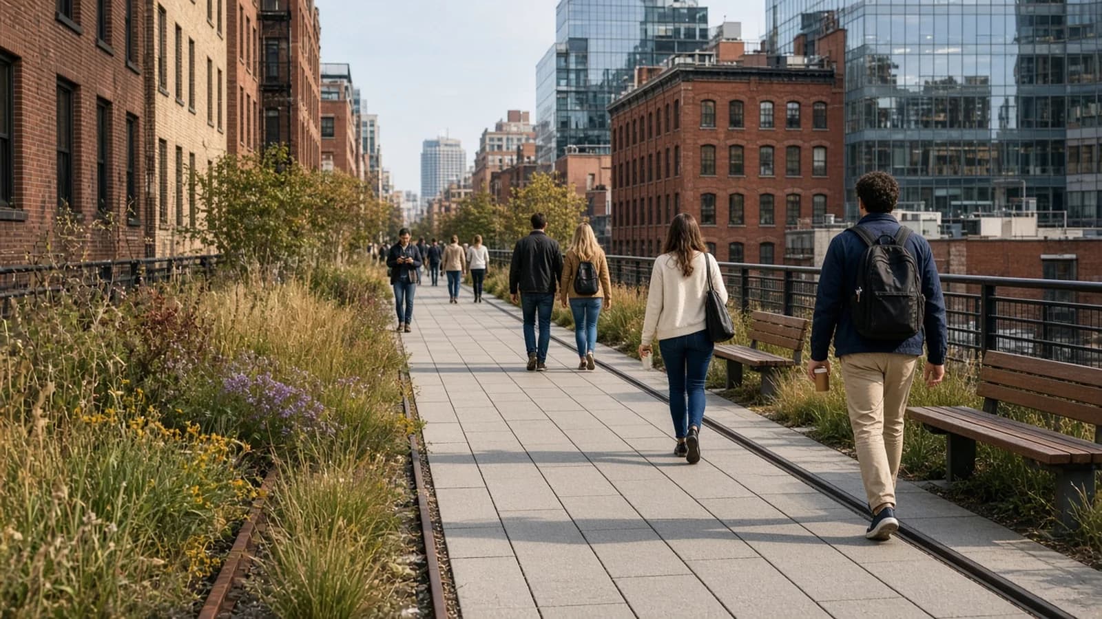 Walkers on the High Line elevated park among wild plantings and Chelsea buildings