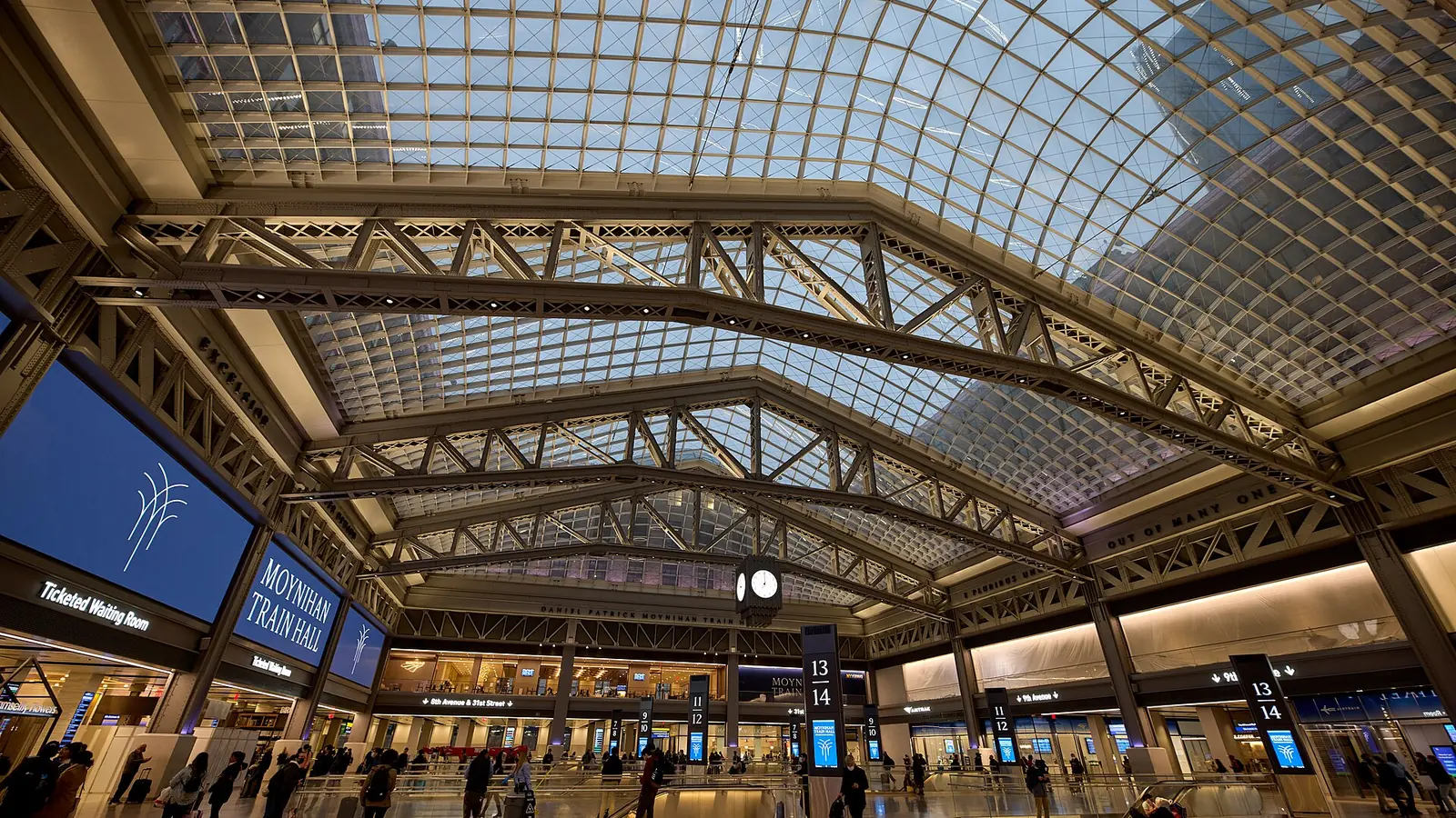 Glass and steel skylight over the main hall of Moynihan Train Hall in Manhattan