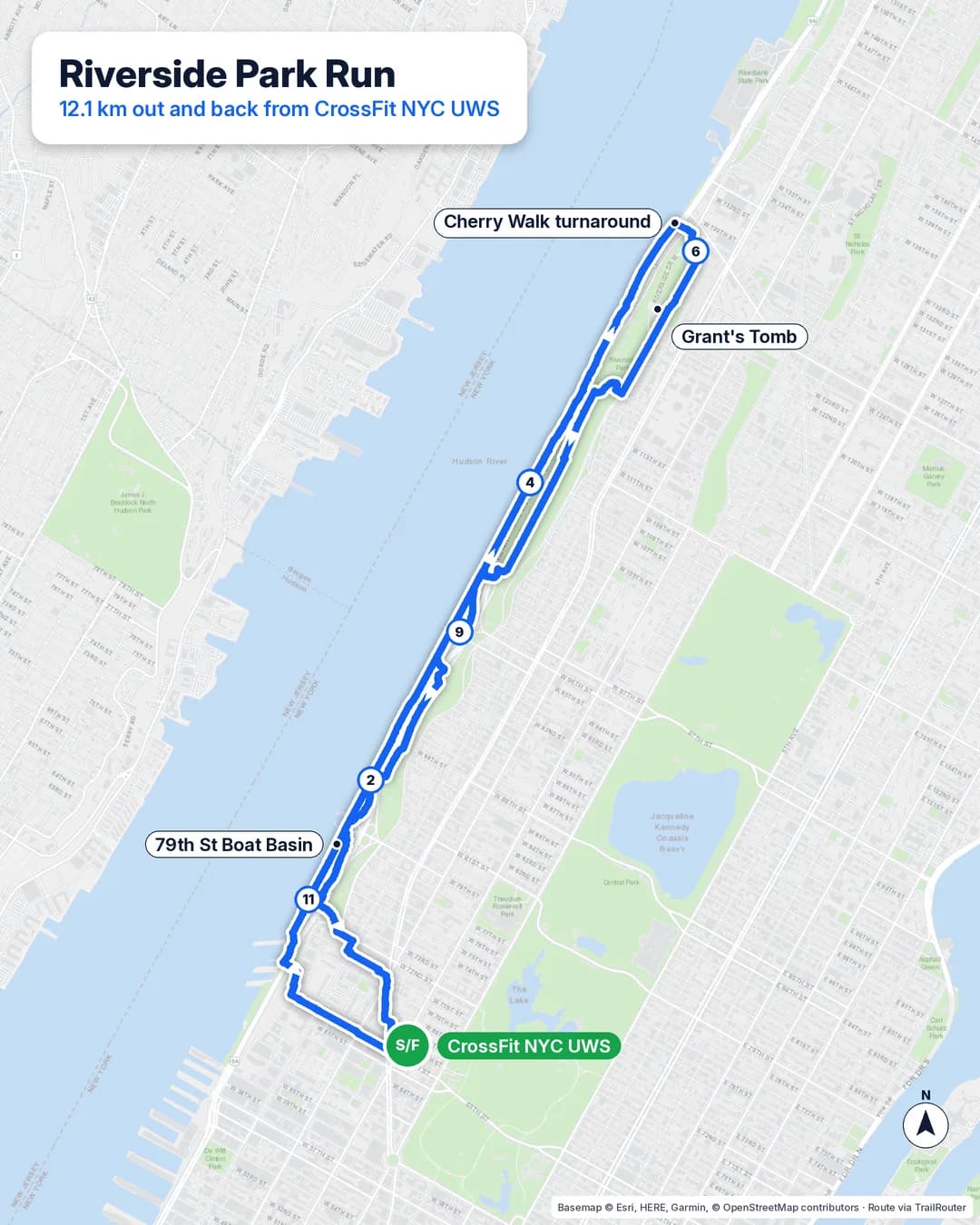 Route map of a 12.1 km out and back run from CrossFit NYC UWS through Riverside Park and the Cherry Walk to West 125th Street, passing the 79th St Boat Basin and Grant's Tomb