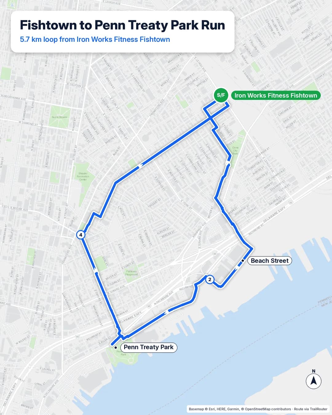 Route map of a 5.7 km loop from Iron Works Fitness in Fishtown to the Delaware riverfront and Penn Treaty Park, then back north through Fishtown