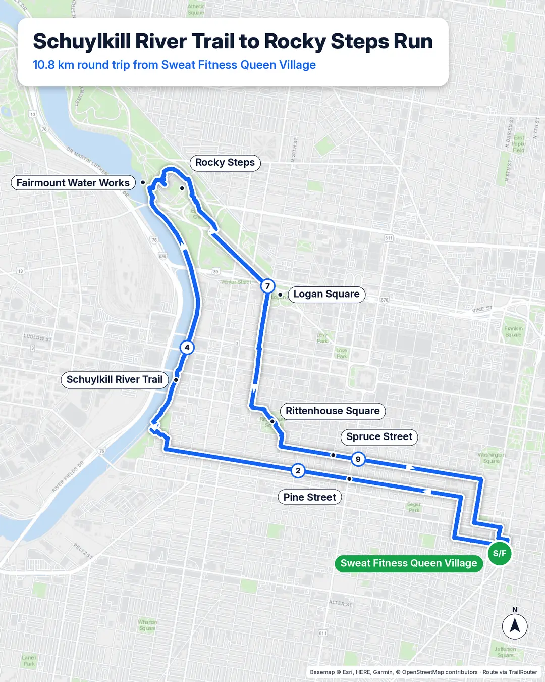 Route map of a 10.8 km round trip from Sweat Fitness Queen Village via Pine Street and the Schuylkill River Trail to the Rocky Steps, back via Rittenhouse Square and Spruce Street