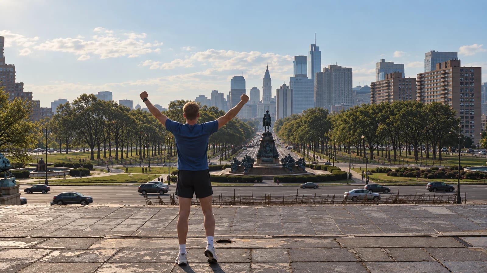 Runner celebrating at the top of the Rocky Steps, looking down the Benjamin Franklin Parkway at the Philadelphia skyline