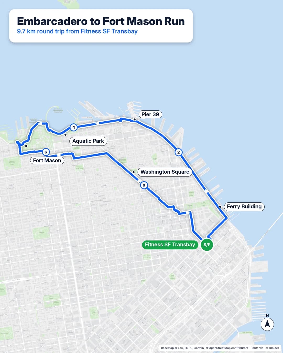 Route map of a 9.7 km loop from Fitness SF Transbay past the Ferry Building, Pier 39 and Aquatic Park to Fort Mason, back by Washington Square