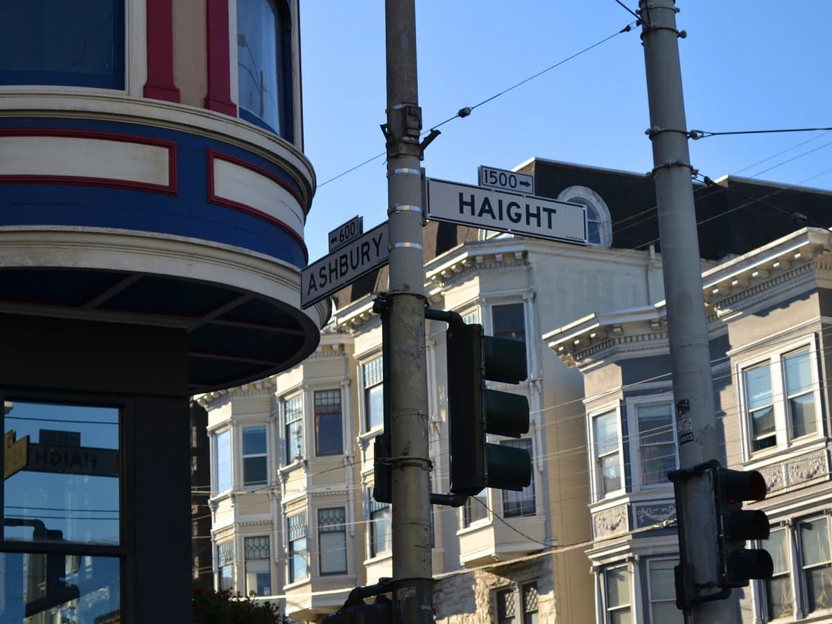 Haight and Ashbury street signs on a pole at the corner, beside a red, white and blue painted bay window and a row of pale Victorian houses under a blue sky