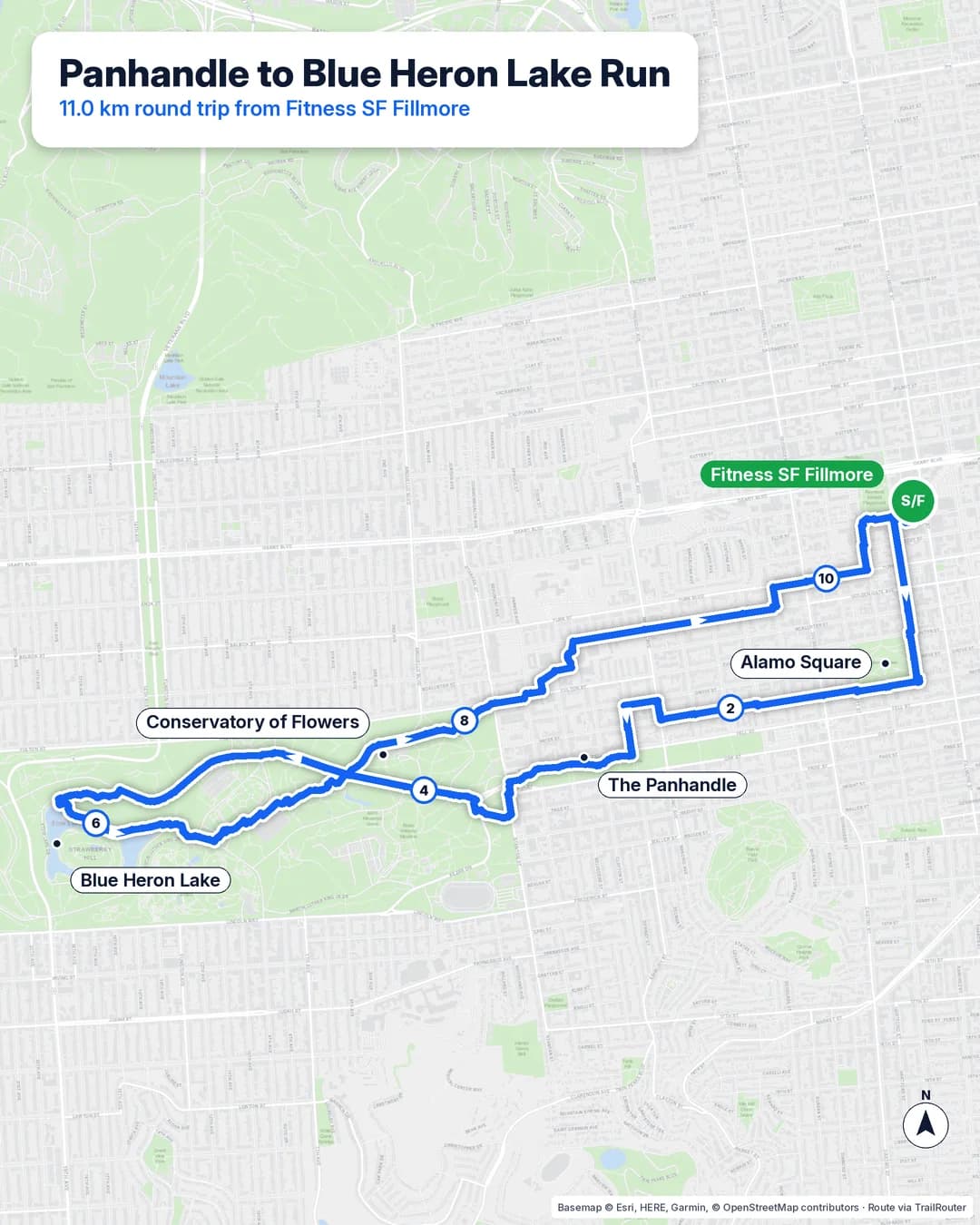 Route map: Fitness SF Fillmore to Blue Heron Lake and back, 11 km via Alamo Square, the Panhandle and the Conservatory of Flowers