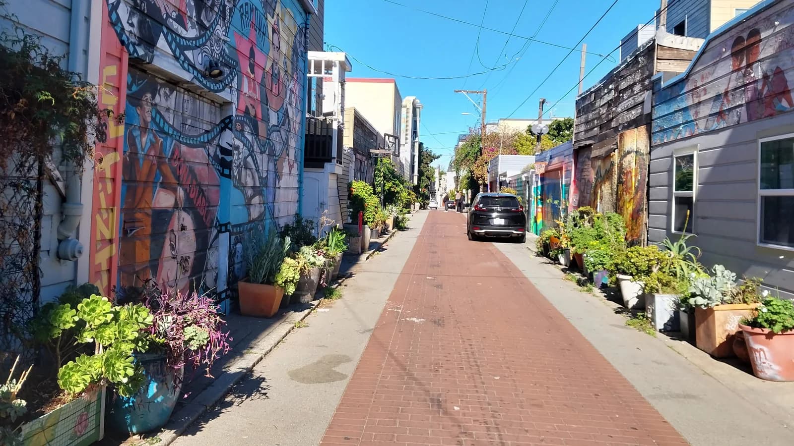 Colorful murals painted on garage doors and house walls along narrow, brick-paved Balmy Alley in the Mission District, lined with potted plants