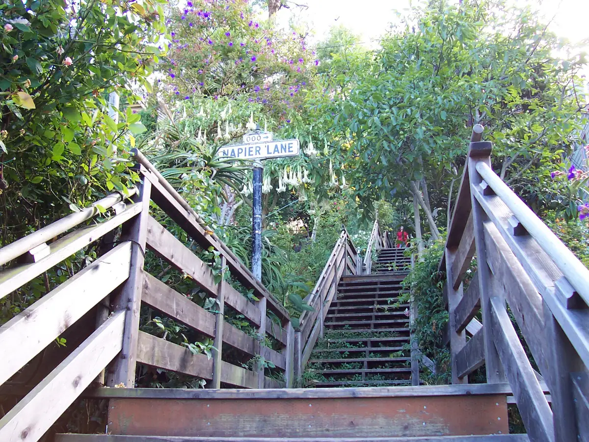 Wooden Filbert Steps climbing between railings into a lush garden of trumpet flowers and trees, with a Napier Lane street sign on a post beside the stairs