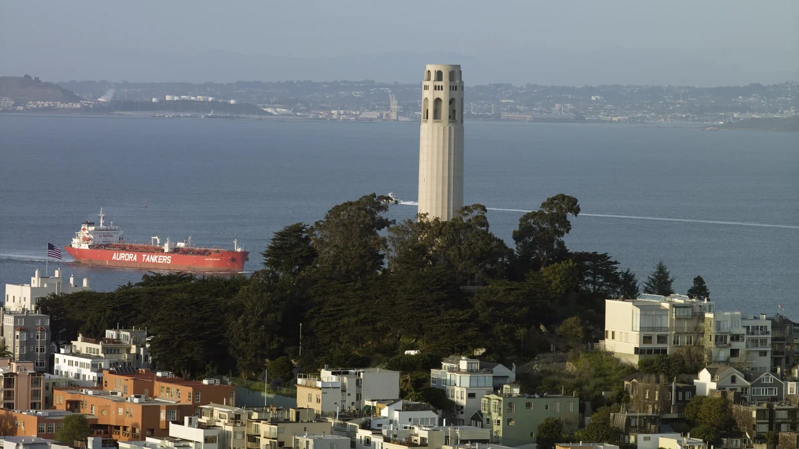 Coit Tower's white fluted column rising above the trees of Telegraph Hill, with hillside homes below and the bay and a red tanker behind