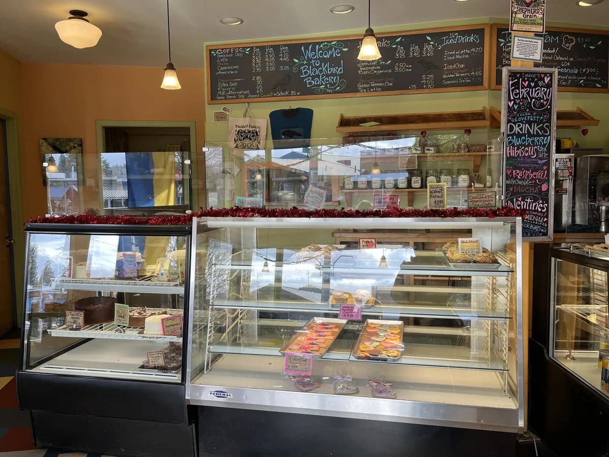 Inside Blackbird Bakery, glass cases of pastries and cakes stand in front of a counter with chalkboard menus on warm orange walls