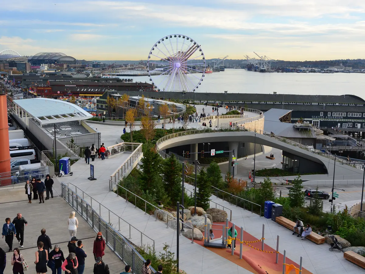 A wide landscaped walkway with steps and planted terraces slopes down toward Elliott Bay, with a Ferris wheel and piers in the distance